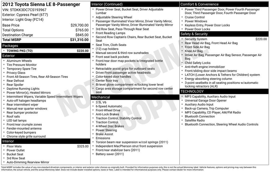 2012 Toyota Sienna LE 8 Passenger