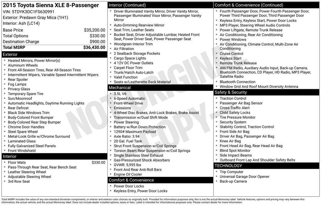 2015 Toyota Sienna L 7 Passenger