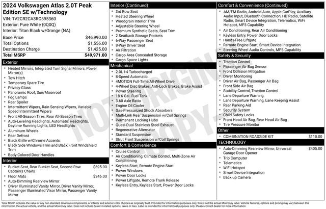2024 Volkswagen Atlas 2.0T Peak Edition SE w/Technology
